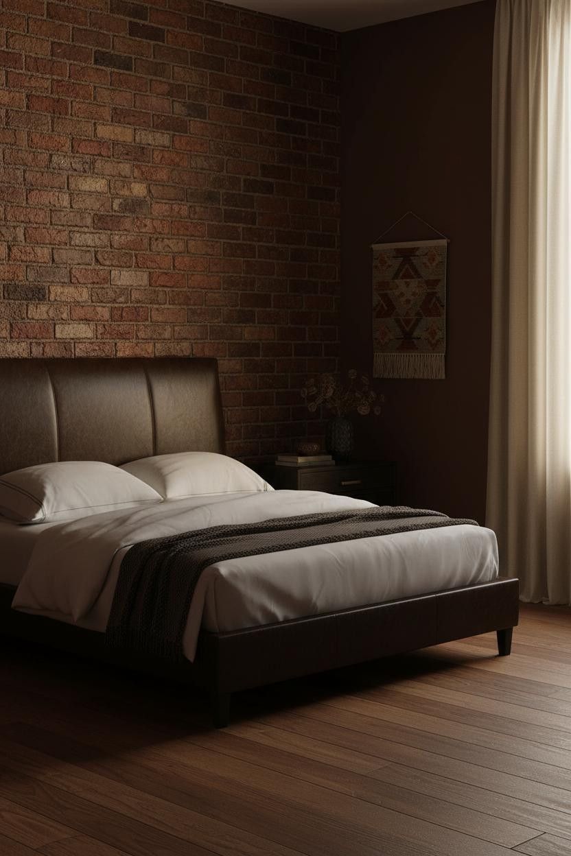 Dark Moody Bedroom Exposed Brick Leather Bed