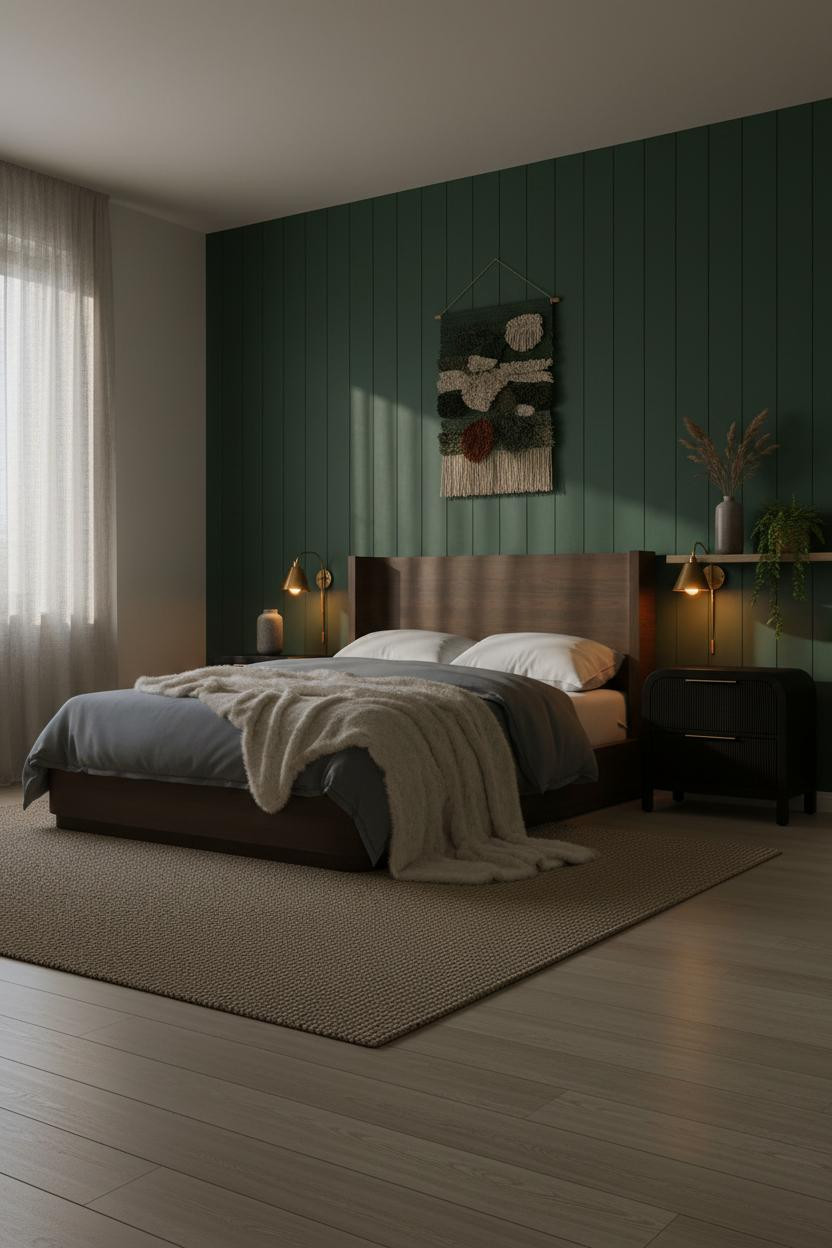 Dark Moody Bedroom Forest Green Shiplap Amber Light