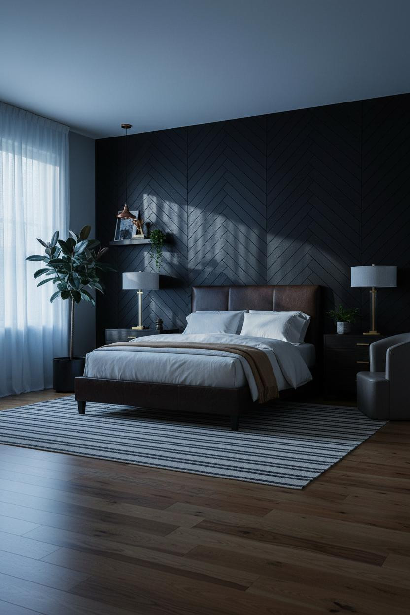 Dark Moody Bedroom Herringbone MCM Design