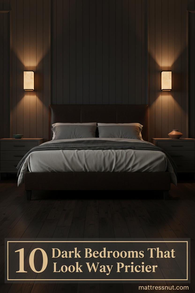 Dark charcoal board-and-batten headboard wall, walnut floors, layered linen bedding, amber sconces, and terracotta ceramic nightstand decor