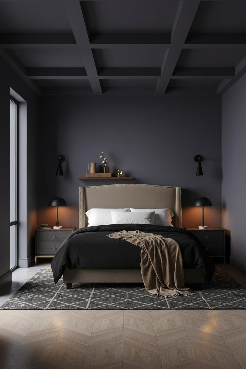 Dark Moody Bedroom Indigo Coffered Ceiling