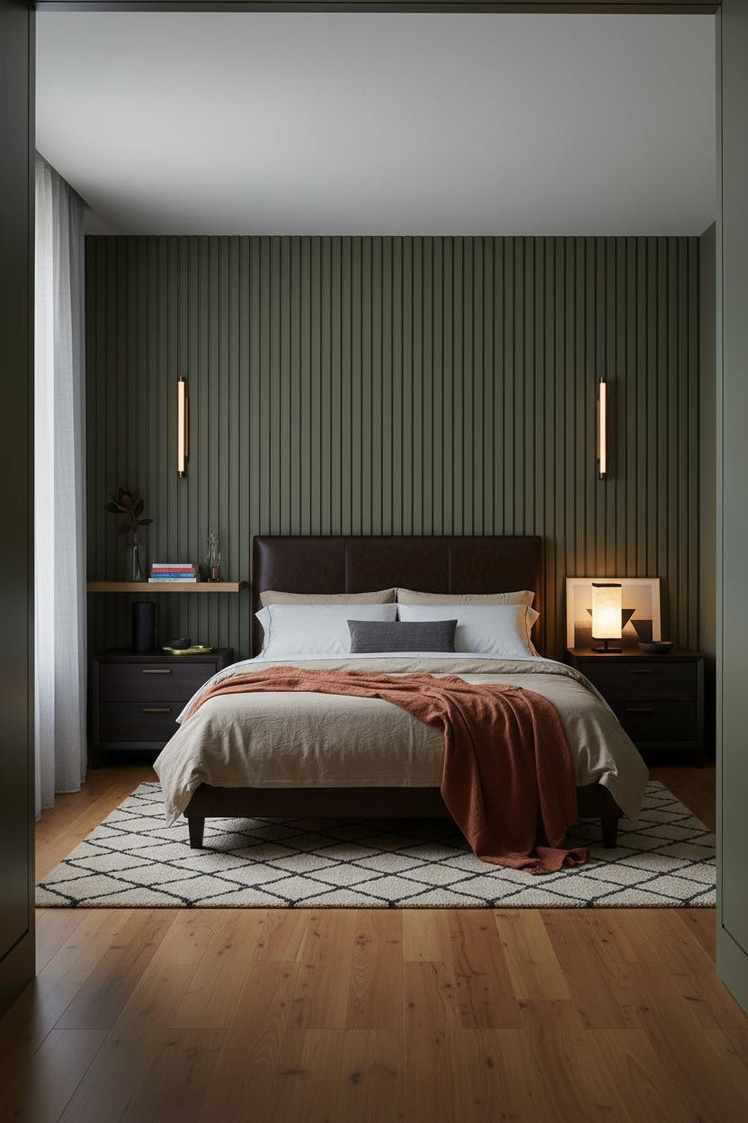 Dark Moody Bedroom Japandi Olive Paneling