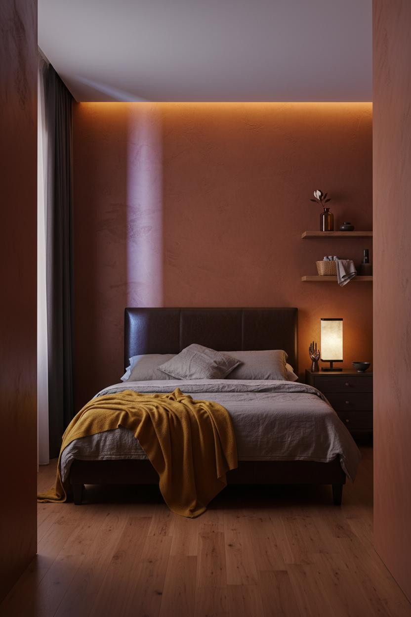 Dark Moody Bedroom Japandi Plaster Accent Wall