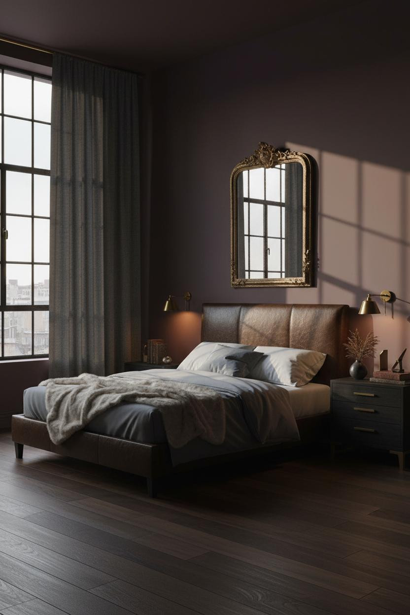 Dark Moody Bedroom Plum Walls Brass Sconces Industrial Windows