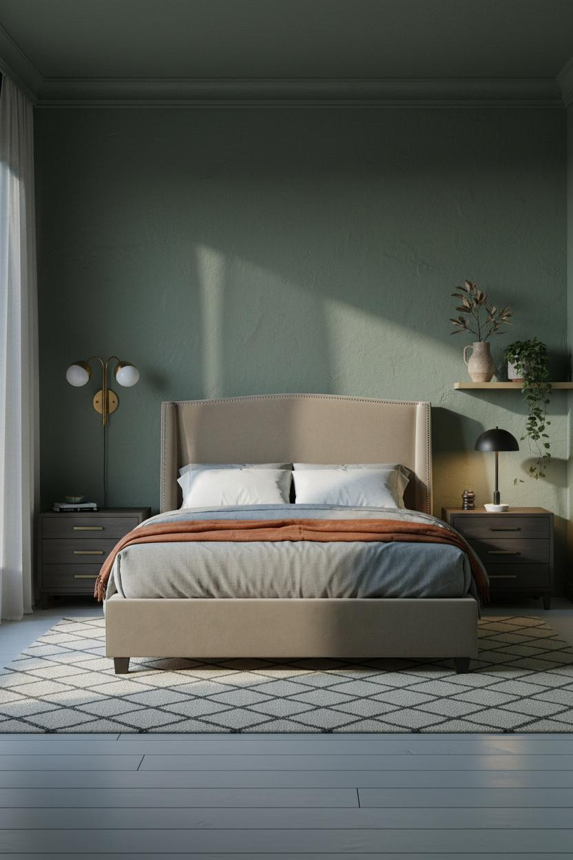 Dark Moody Bedroom Sage Green Plaster Brass Sconces