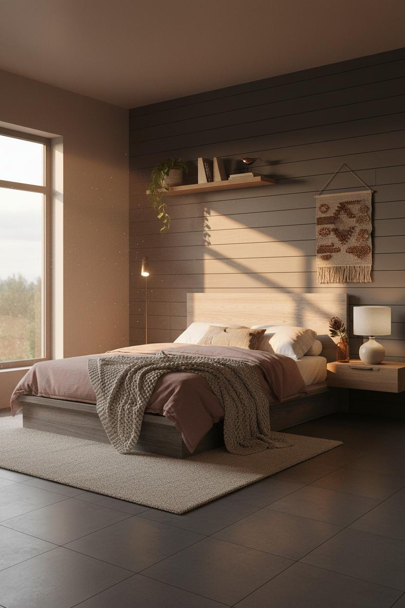 Dark Moody Bedroom Shiplap Warm Lighting