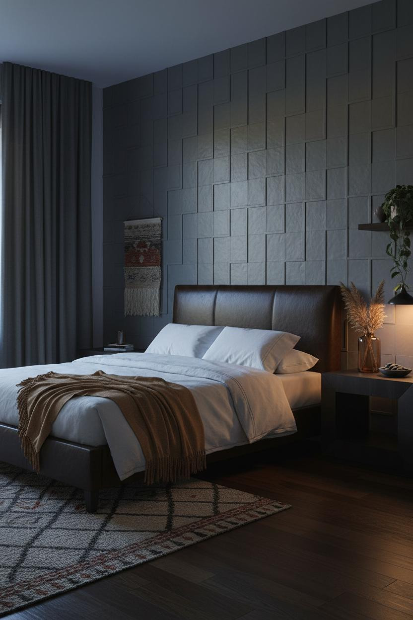 Dark Moody Bedroom Slate Tile Warm Light