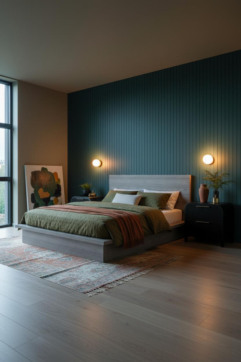 Dark Moody Bedroom Teal Paneling Amber Light