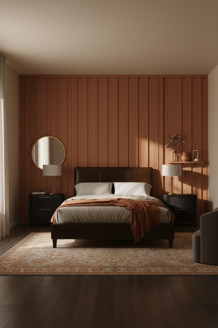 Dark Moody Bedroom Terracotta Board and Batten