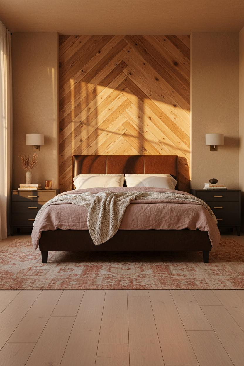 Dark Neutral Bedroom Herringbone Accent Wall