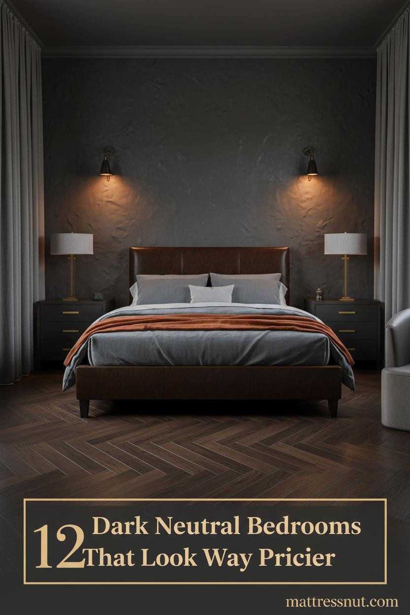 Moody minimalist bedroom with charcoal plaster walls, dark walnut herringbone floor, slate linen bedding, burnt orange throw, and amber sconce lighting