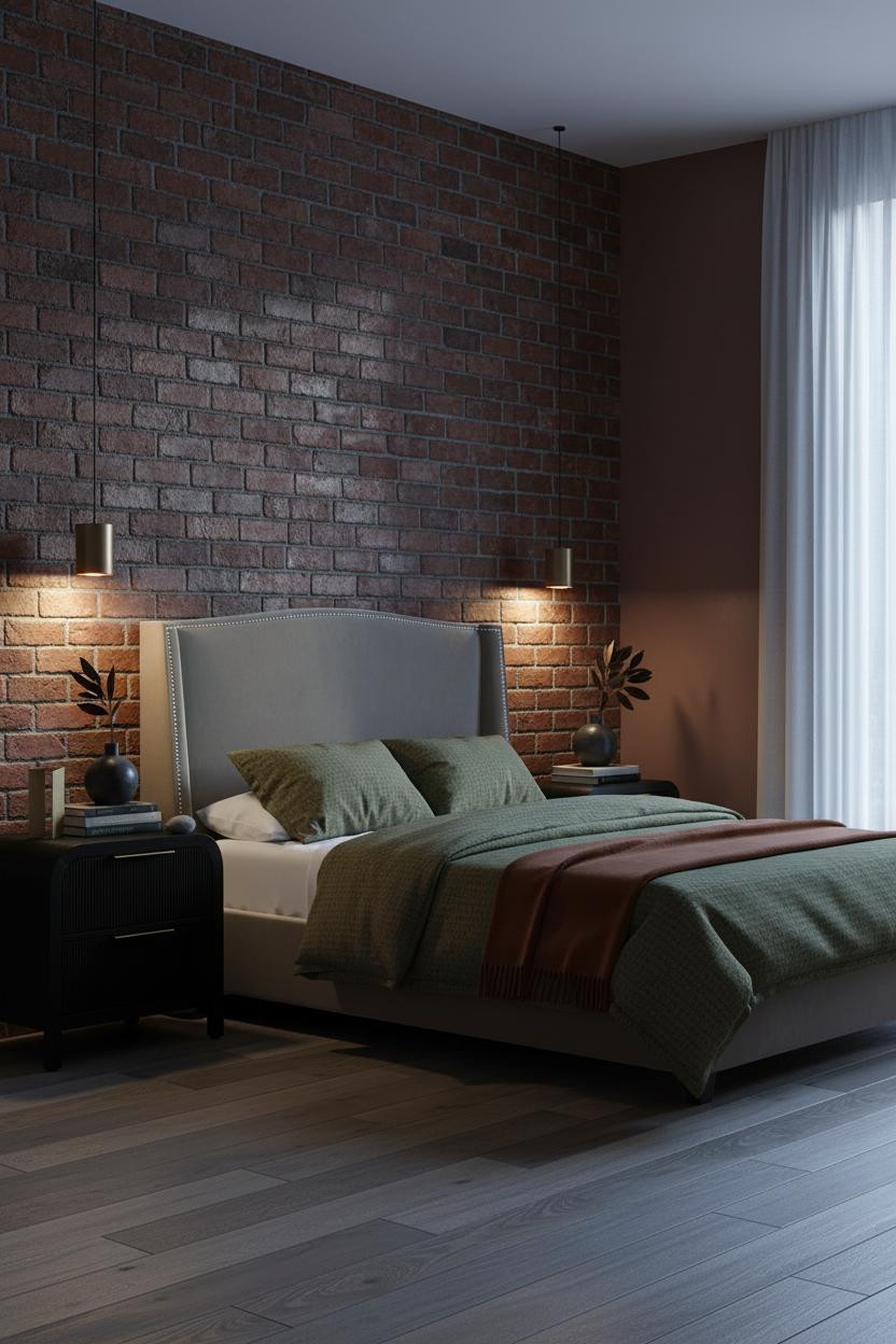 Dark Neutral Bedroom Moody Minimalist Exposed Brick
