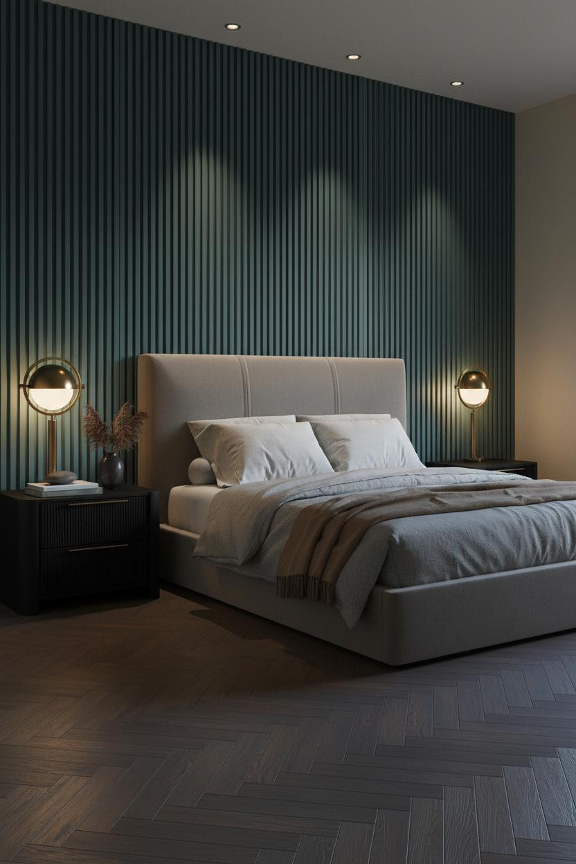 Dark Neutral Bedroom Moody Minimalist Teal Wall