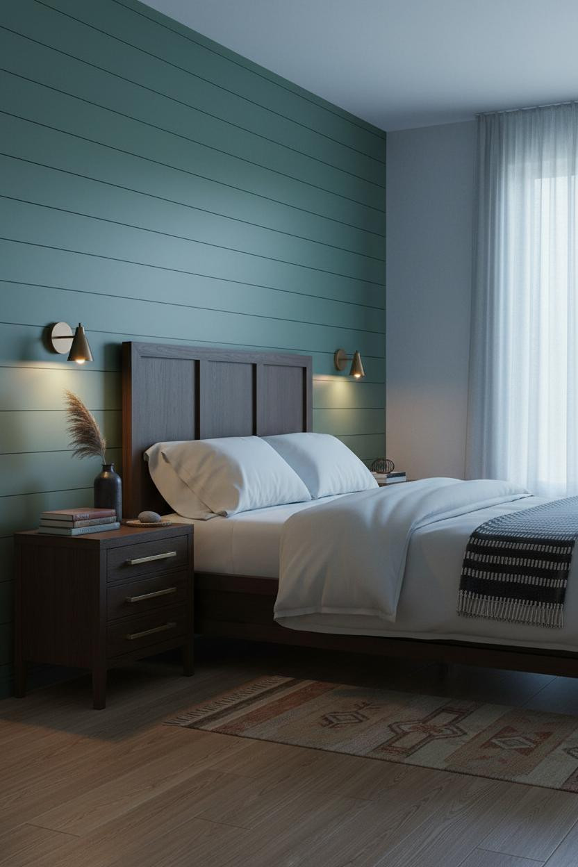 Dark Neutral Bedroom Moody Shiplap Sconces