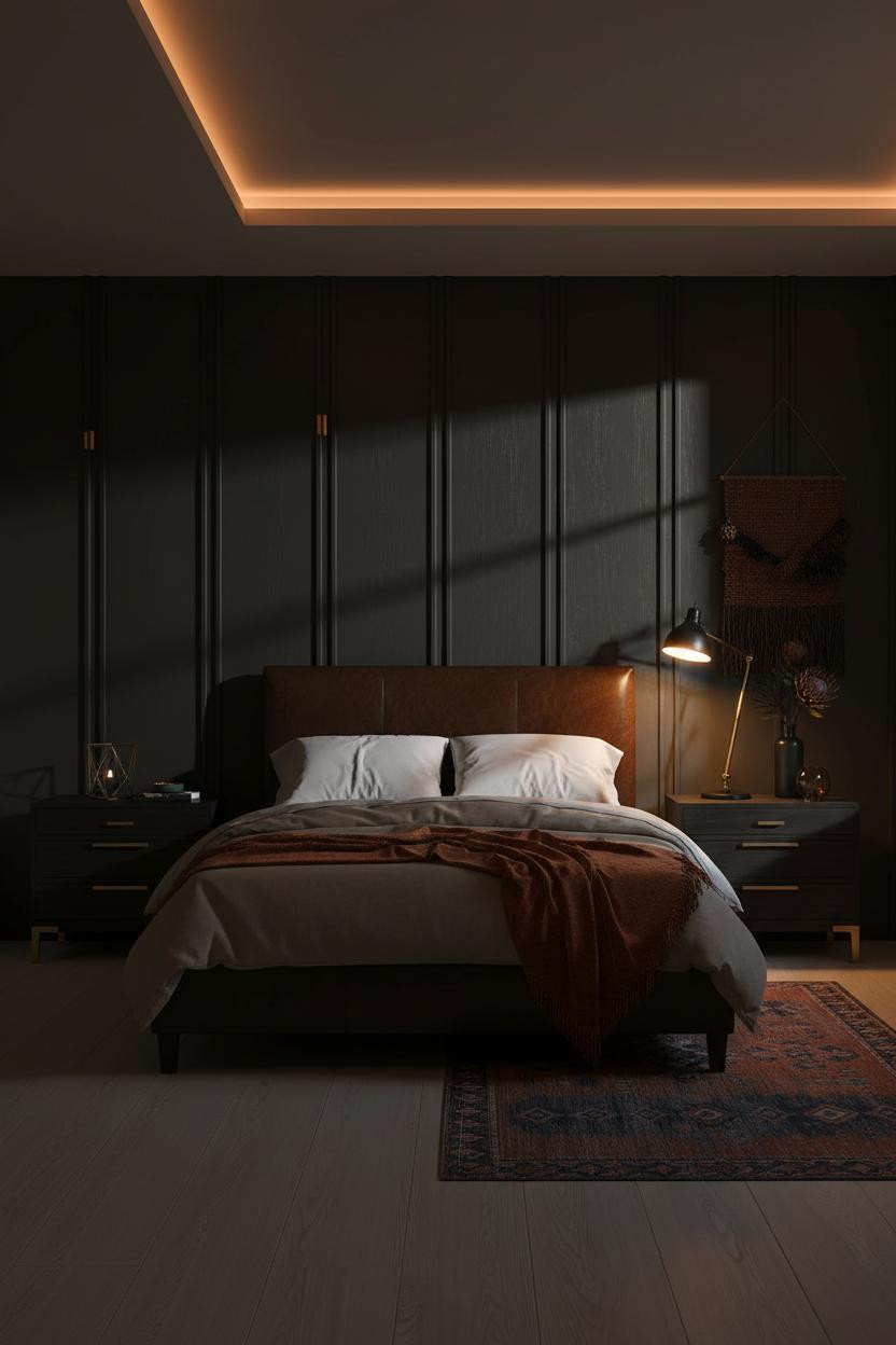 Dark Romantic Bedroom Charcoal Batten Wall