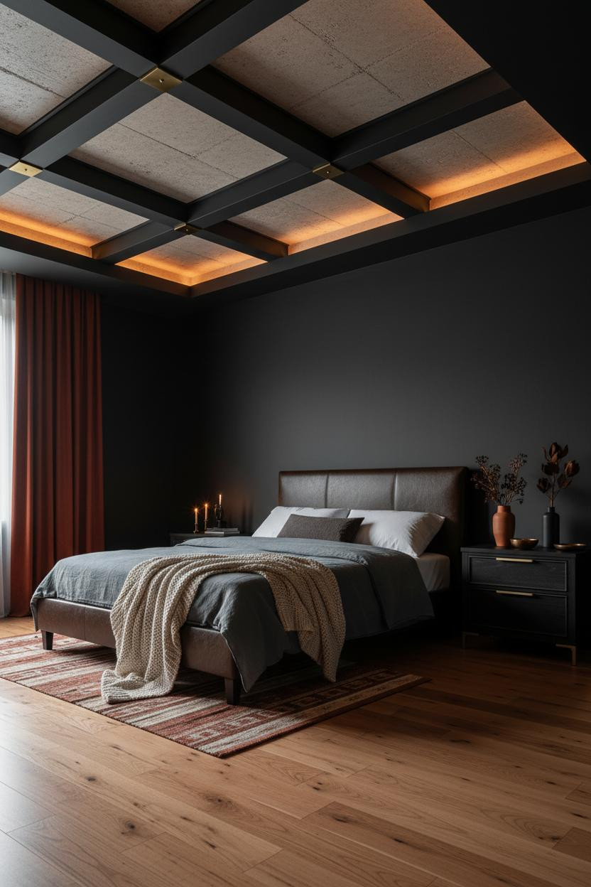 Dark Romantic Bedroom Coffered Ceiling