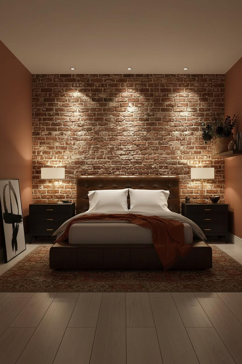 Dark Romantic Bedroom Exposed Brick Botanical