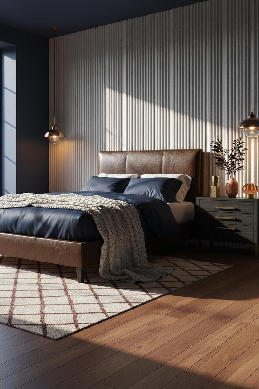 Dark Romantic Bedroom Fluted Headboard Amber Light