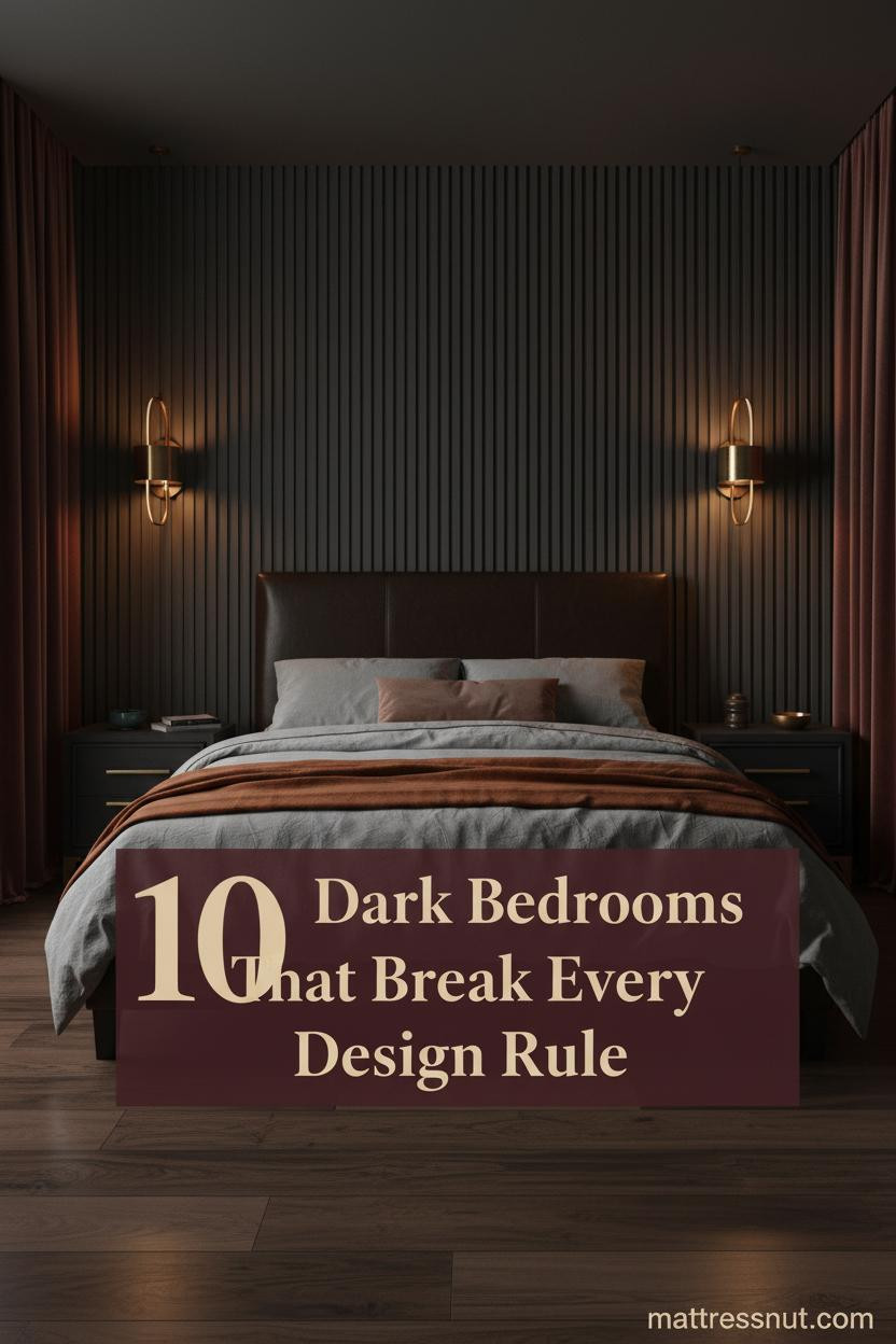 Dark romantic bedroom with charcoal fluted plaster headwall, burgundy velvet drapes, amber brass sconces, and burnt orange mohair throw
