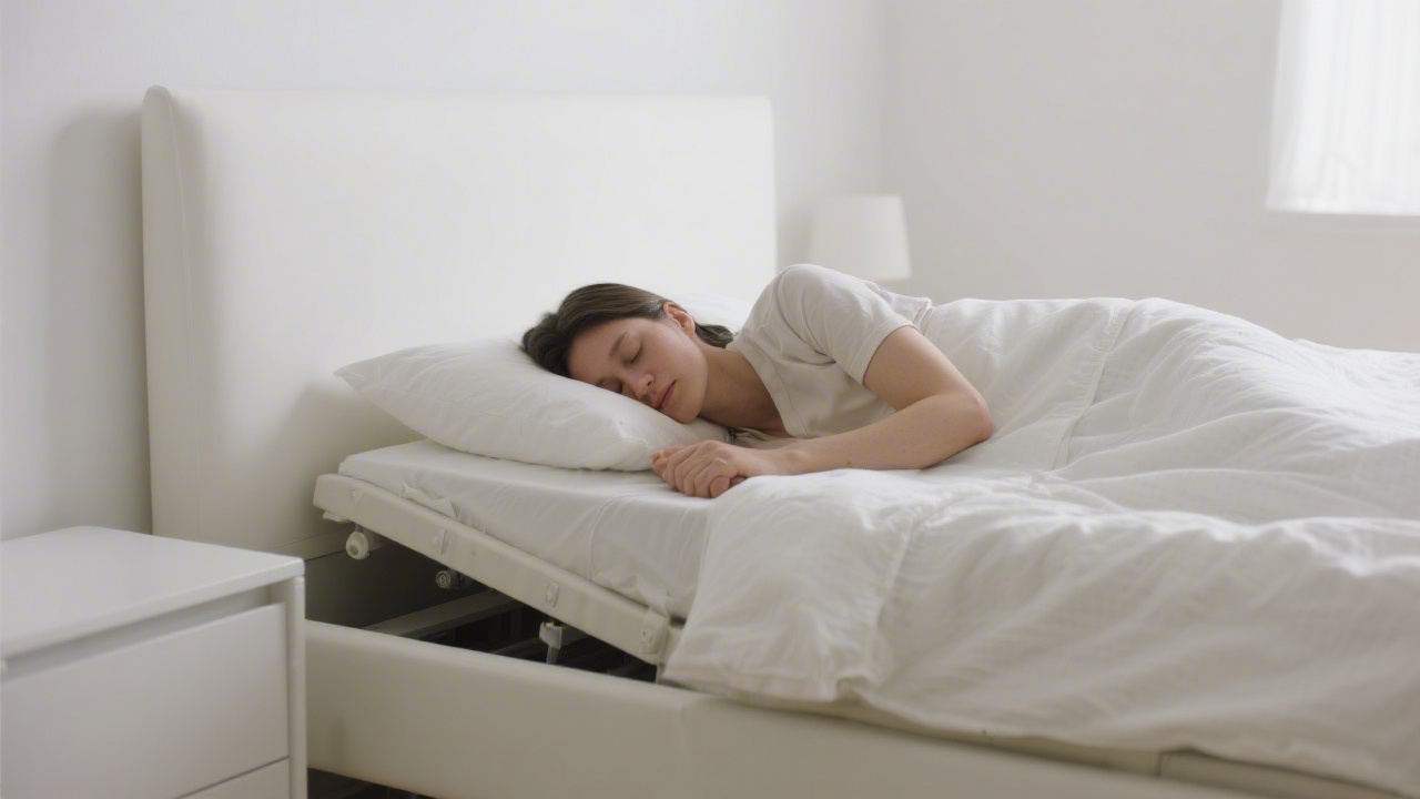 Person sleeping with elevated head on adjustable base for deviated septum relief