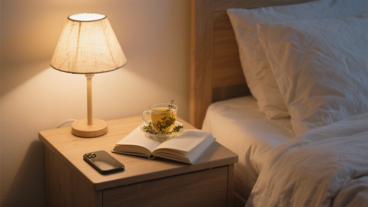 Digital detox bedroom — book and tea replacing phone for better sleep