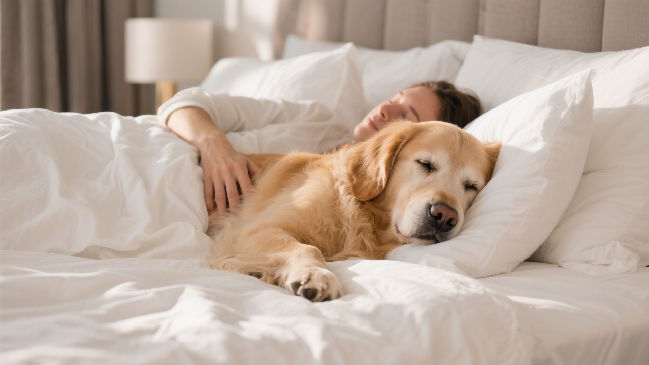 Golden retriever sleeping beside owner in premium bedroom