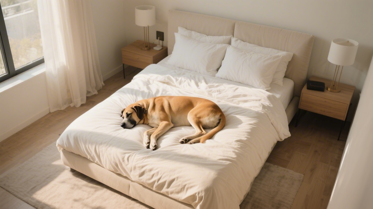 Large dog sleeping at foot of premium bed from aerial perspective
