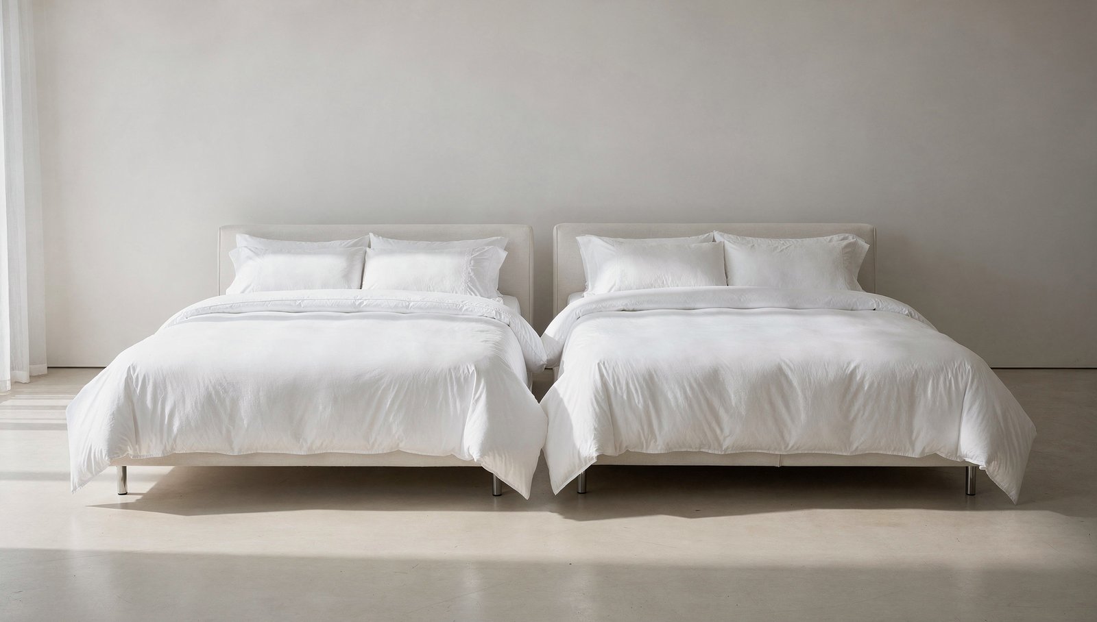Two beds side by side in a bright showroom, a double bed and a slightly wider queen bed with matching white bedding