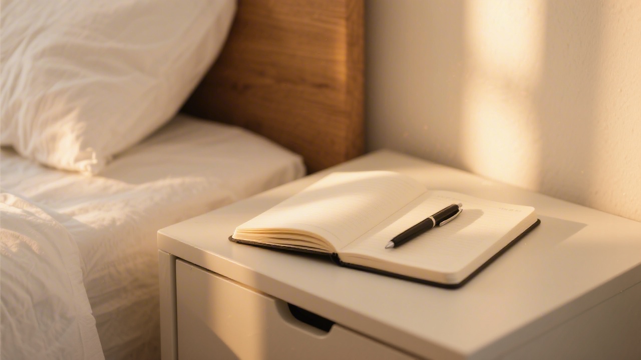 Dream journal and pen on a bedside table in soft morning light