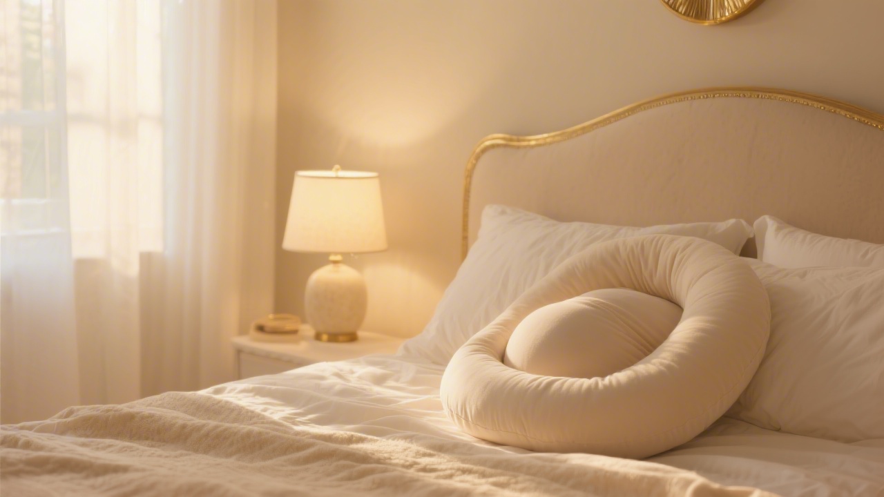 Serene pregnancy bedroom with soft morning light and pregnancy pillow