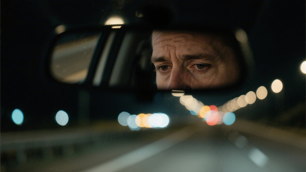 Drowsy driver at night showing signs of fatigue in rearview mirror