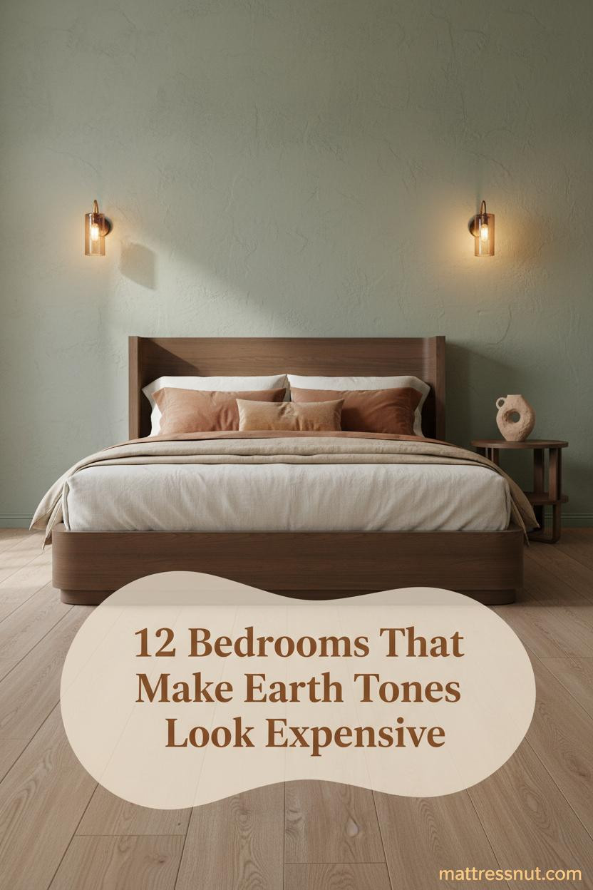 Sage green plaster accent wall behind walnut platform bed, oak floors, ivory linen bedding, earth tone pillows, warm amber sconce lighting