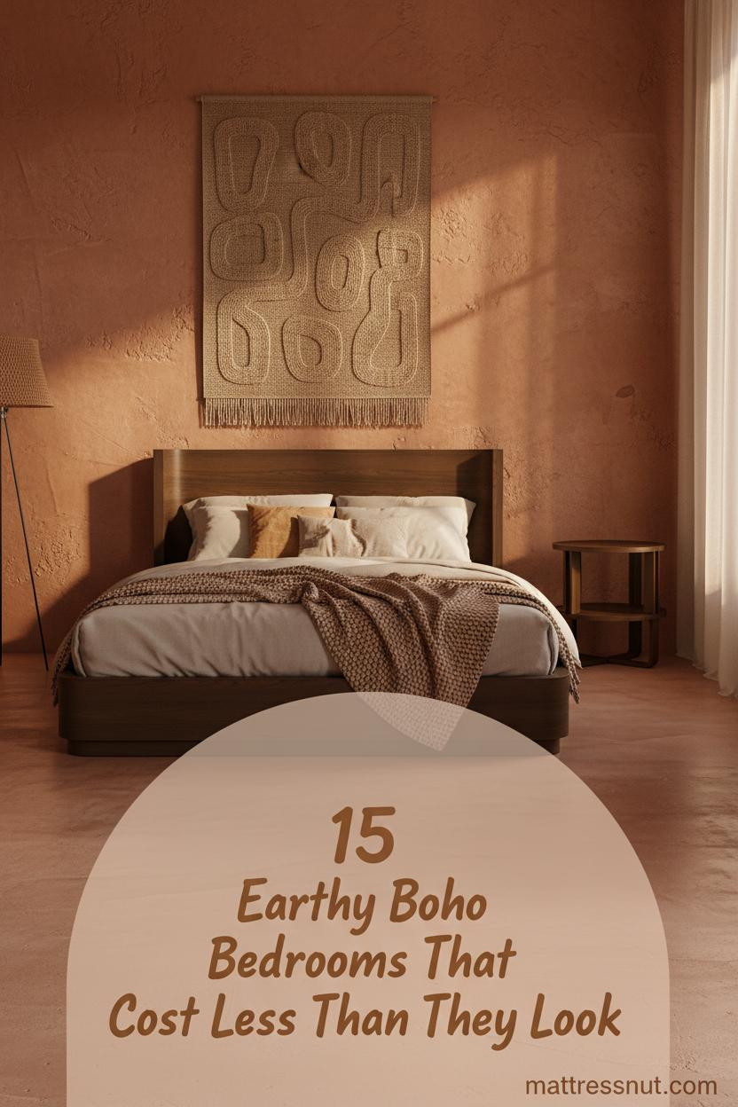 Earthy boho bedroom with burnt sienna limewash wall, low wood bed, cream and camel layered bedding, jute wall hanging, warm amber light