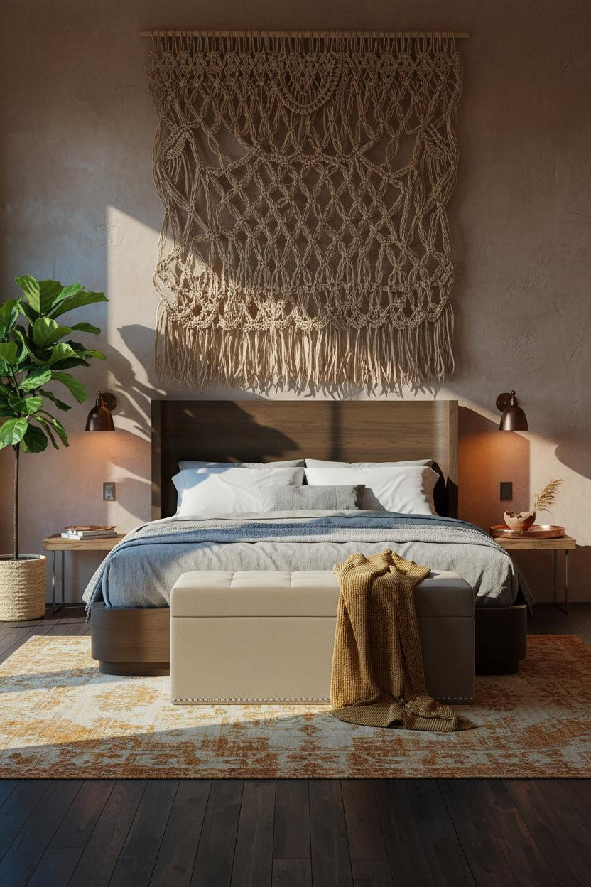 Earthy Boho Bedroom Palm Wall Natural Light