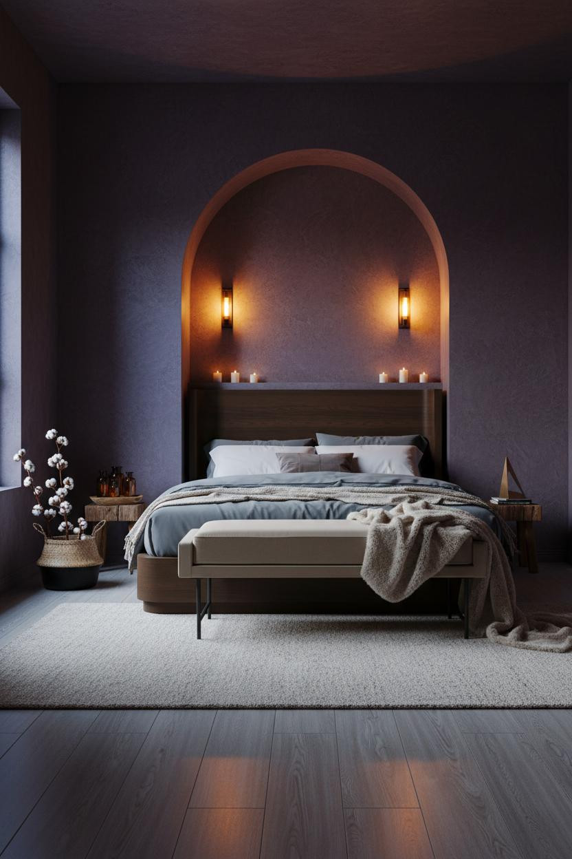 Earthy Boho Bedroom Plum Walls Ambient Lighting