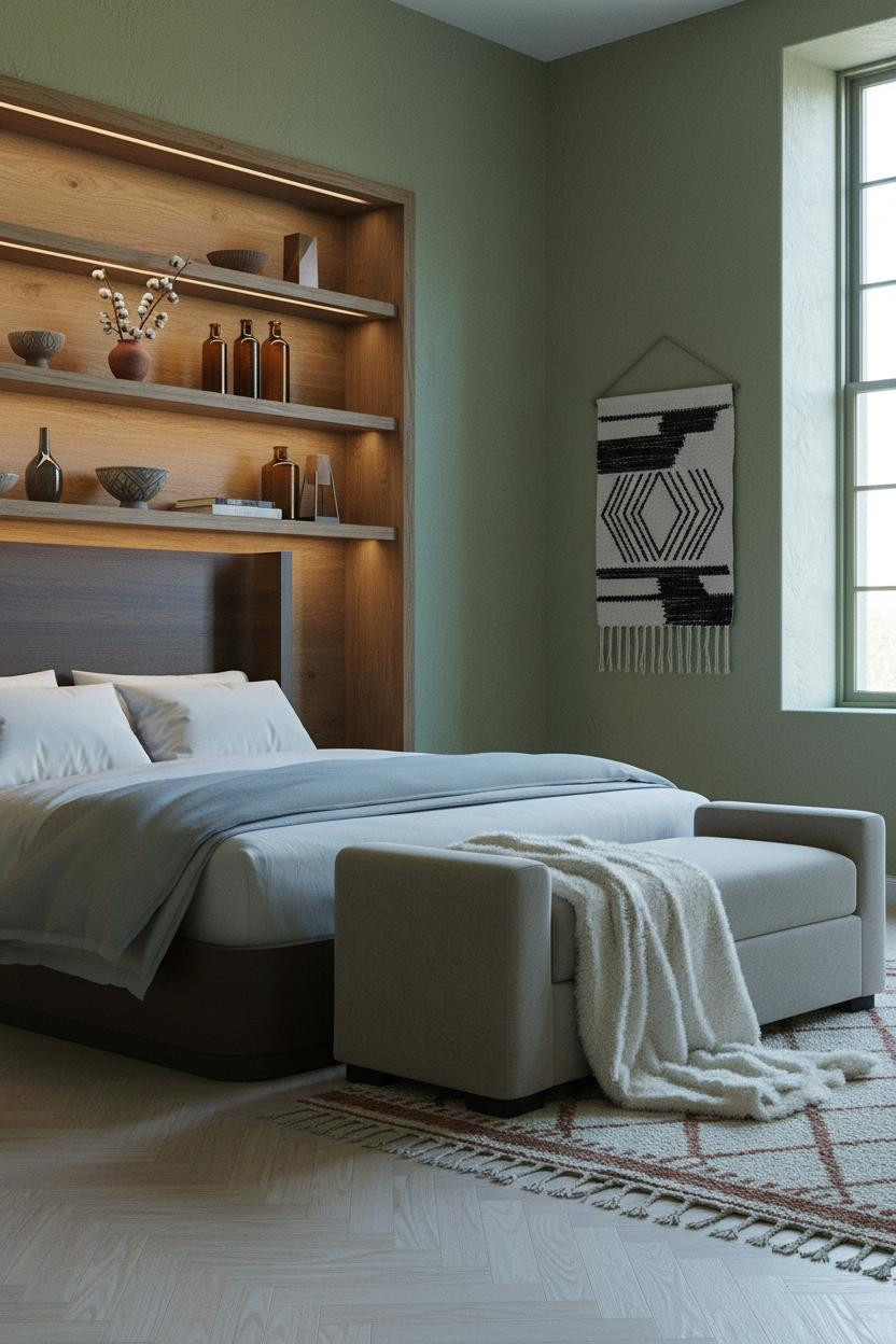 Earthy Boho Bedroom Sage Wood Shelving