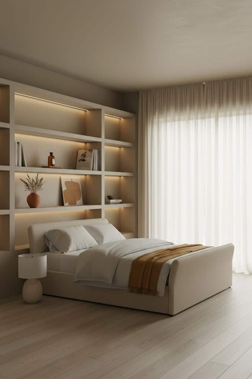 Earthy Luxury Bedroom MCM Built In Shelves