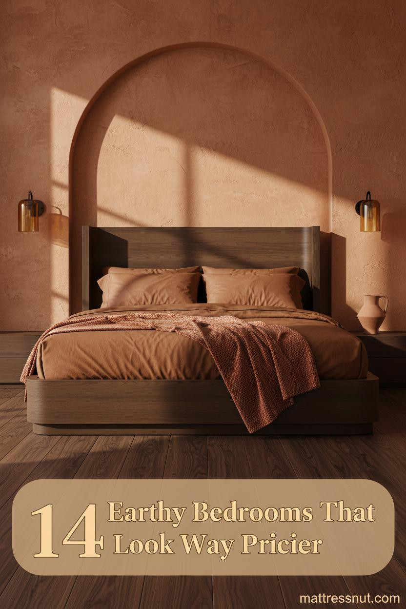 Earthy luxury bedroom with burnt ochre clay plaster wall, dark walnut floors, cognac linen bedding, rust wool throw, and amber sconce lighting