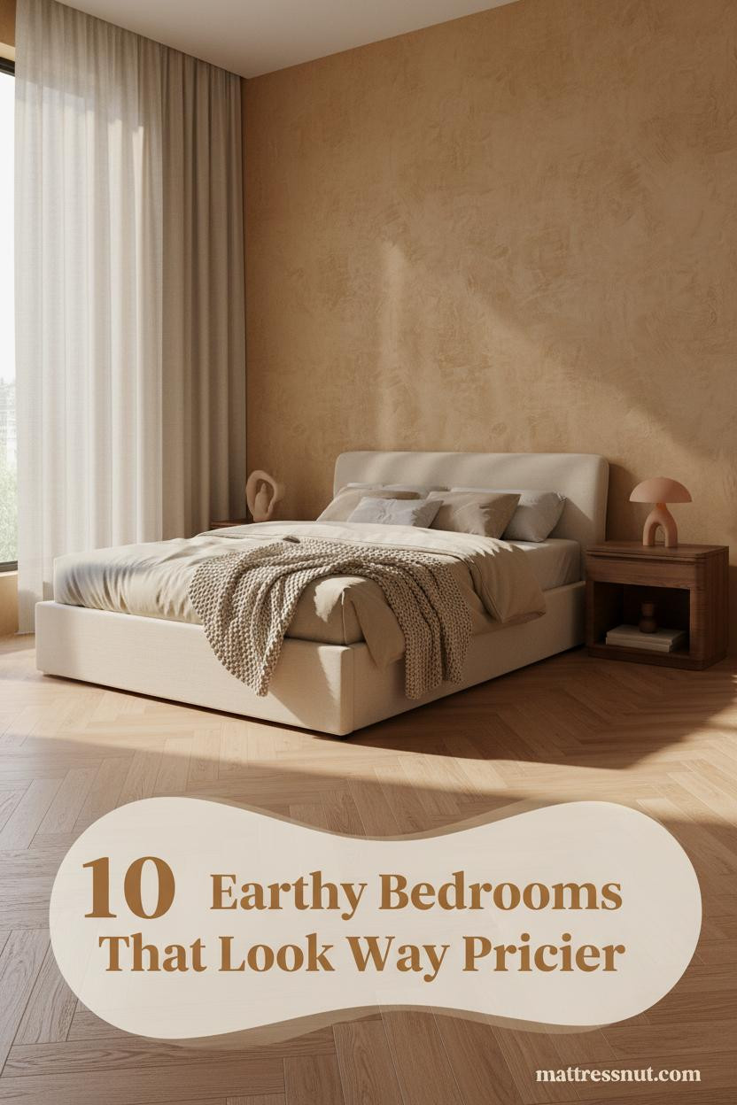 Warm earthy bedroom with ochre limewash accent wall, honey oak herringbone floor, oatmeal bedding, knit throw, and walnut nightstand in soft afternoon light