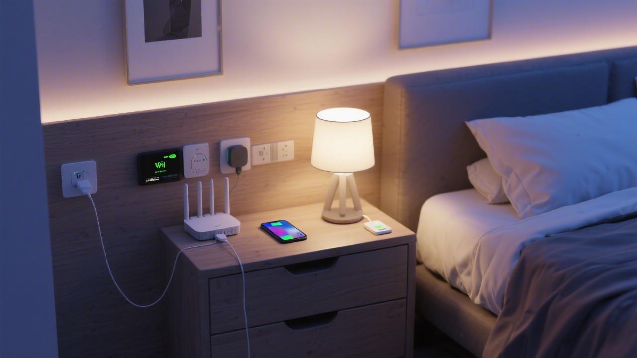 Bedroom with electronics showing EMF sources including phone and WiFi router near bed