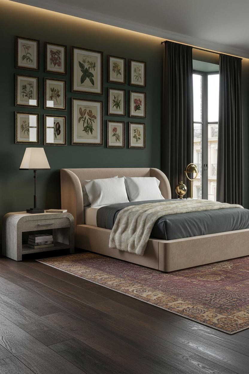 English Bedroom Classic Gallery Wall Dark Green