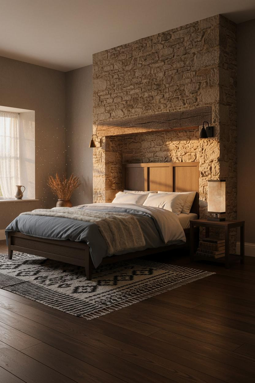 English Cottage Bedroom Stone Chimney Warm Lighting