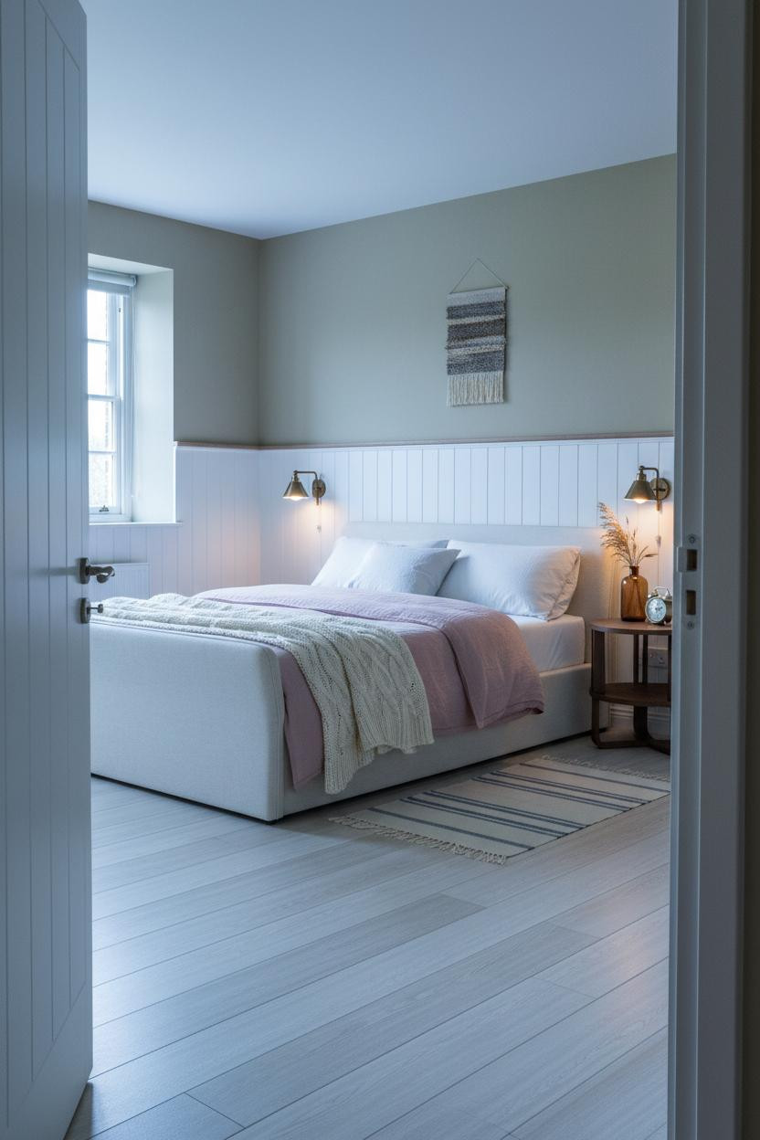 English Cottage Bedroom Wainscoting Pink Linen