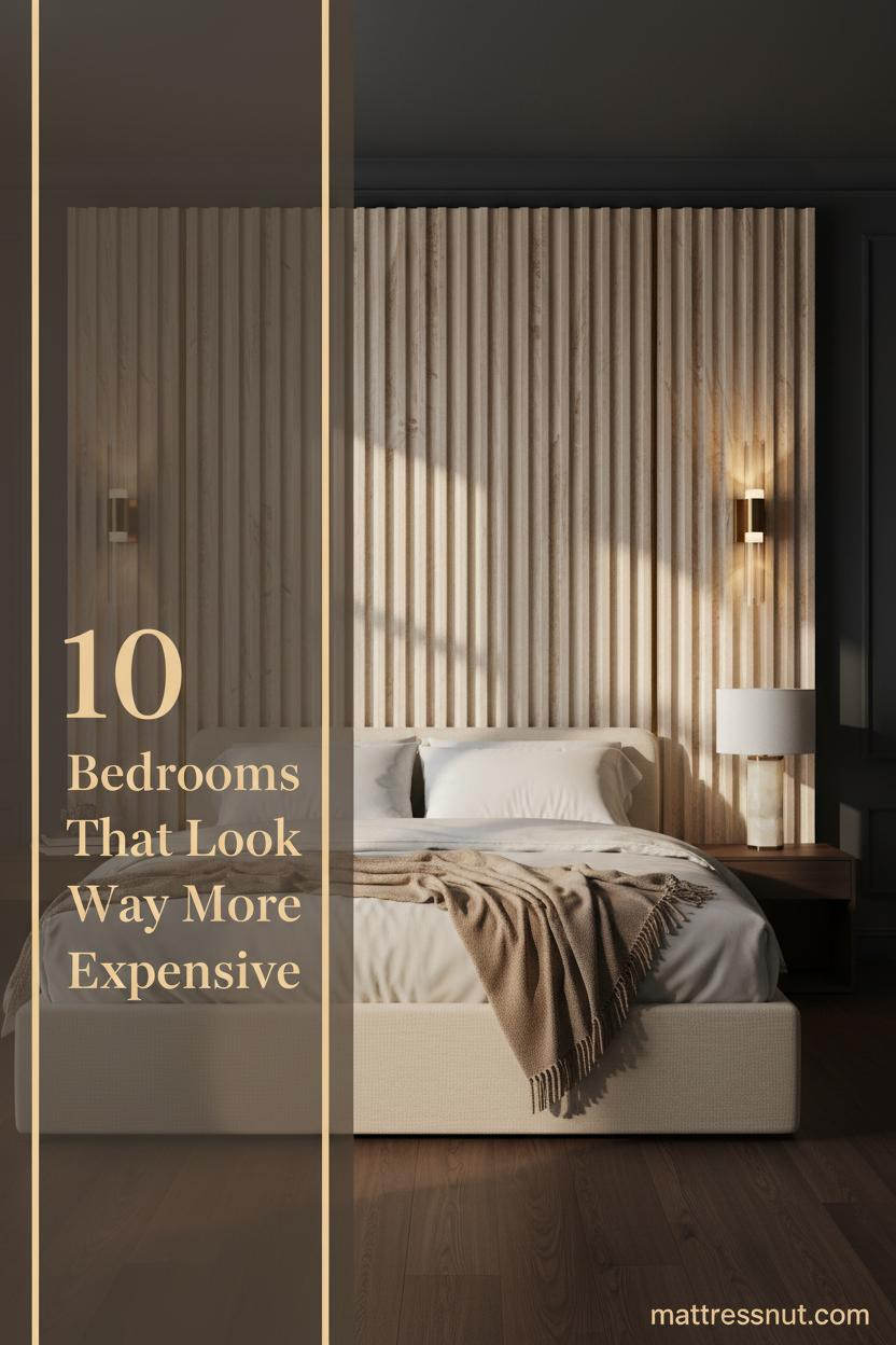 Elegant master bedroom with deep charcoal plaster walls, full-height travertine panels, ivory percale bedding, mohair throw, and warm amber sconce lighting