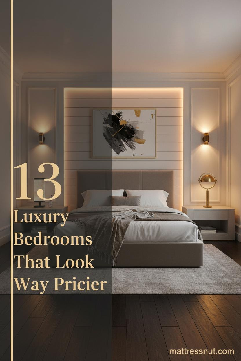 Master bedroom with ivory lacquered panel walls, warm amber LED coves, brushed brass sconces, layered linen bedding, and dark oak flooring