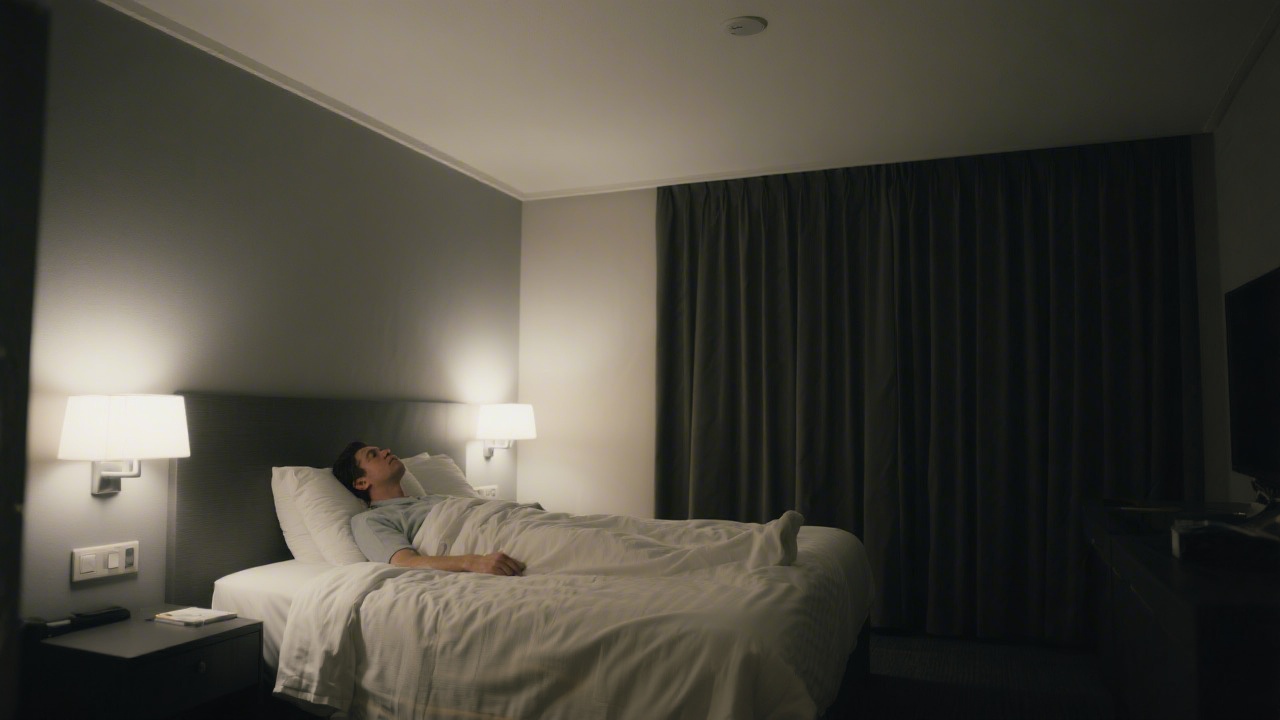 Person lying awake in hotel room experiencing first night effect