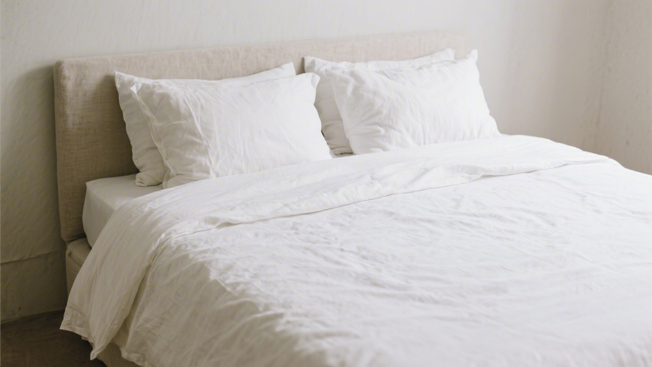 Neatly made bed with a white flat sheet folded at the top