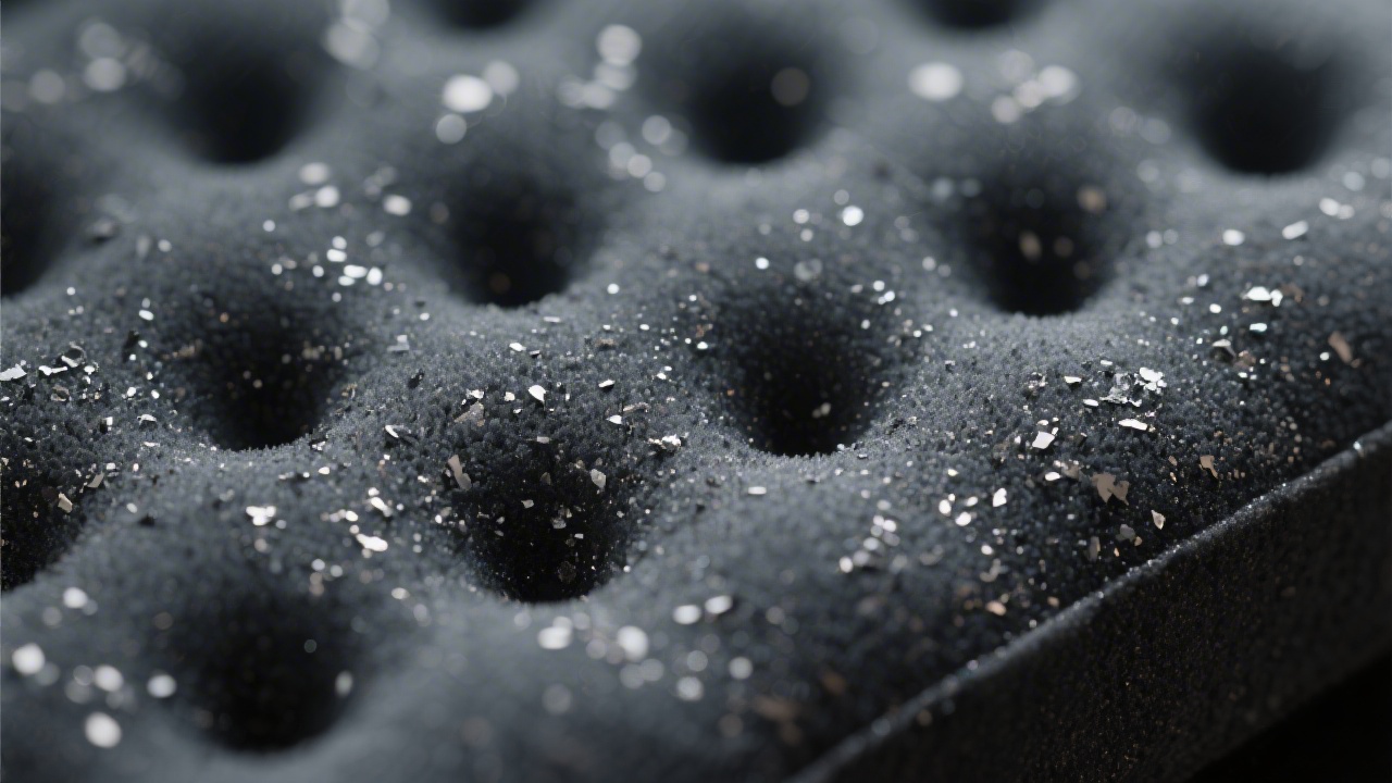 Close-up of graphite-infused foam showing metallic grey particles