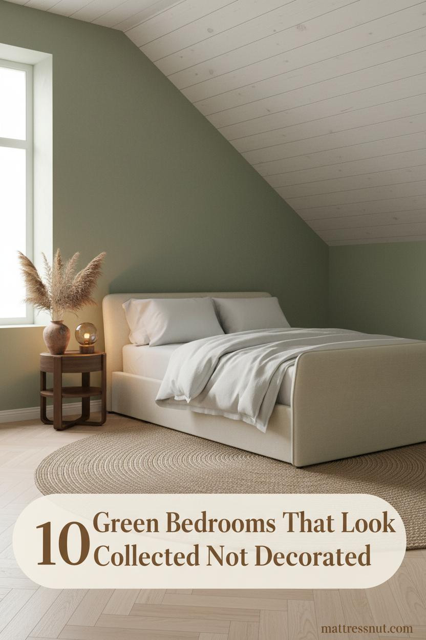 Sage green attic bedroom with cream linen bedding, oak herringbone floor, jute rug, terracotta vase, and warm amber lamp light