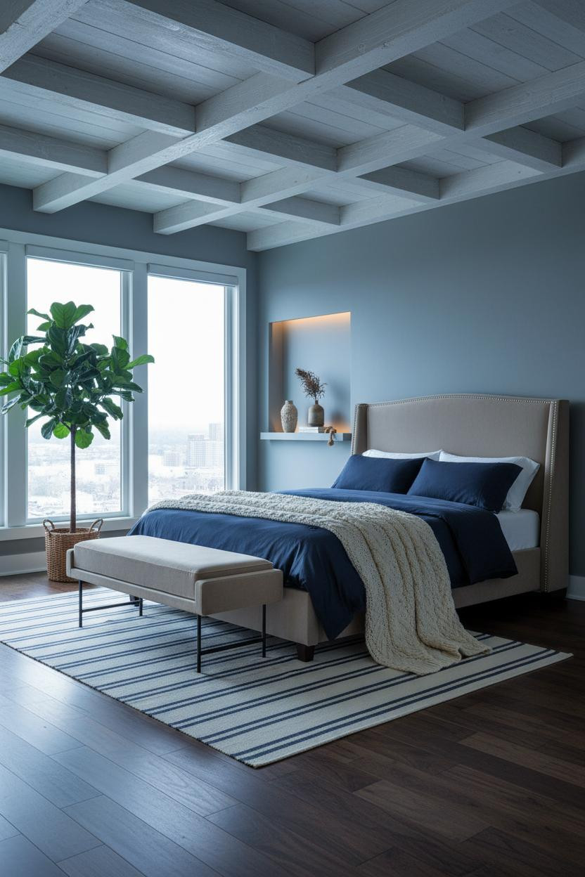 Green Coastal Bedroom Sage Blue Beams